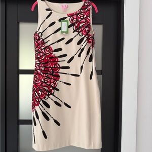Lilly Pulitzer Knee Dress Ivory with Fucsia Red Black Deco Roses design.